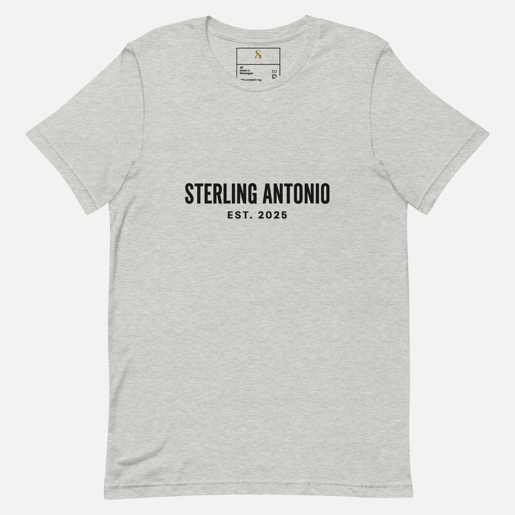 Gray t-shirt with 'STERLING ANTONIO EST. 2025' text on a white background
