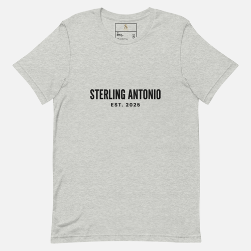 Gray t-shirt with 'STERLING ANTONIO EST. 2025' text on a white background