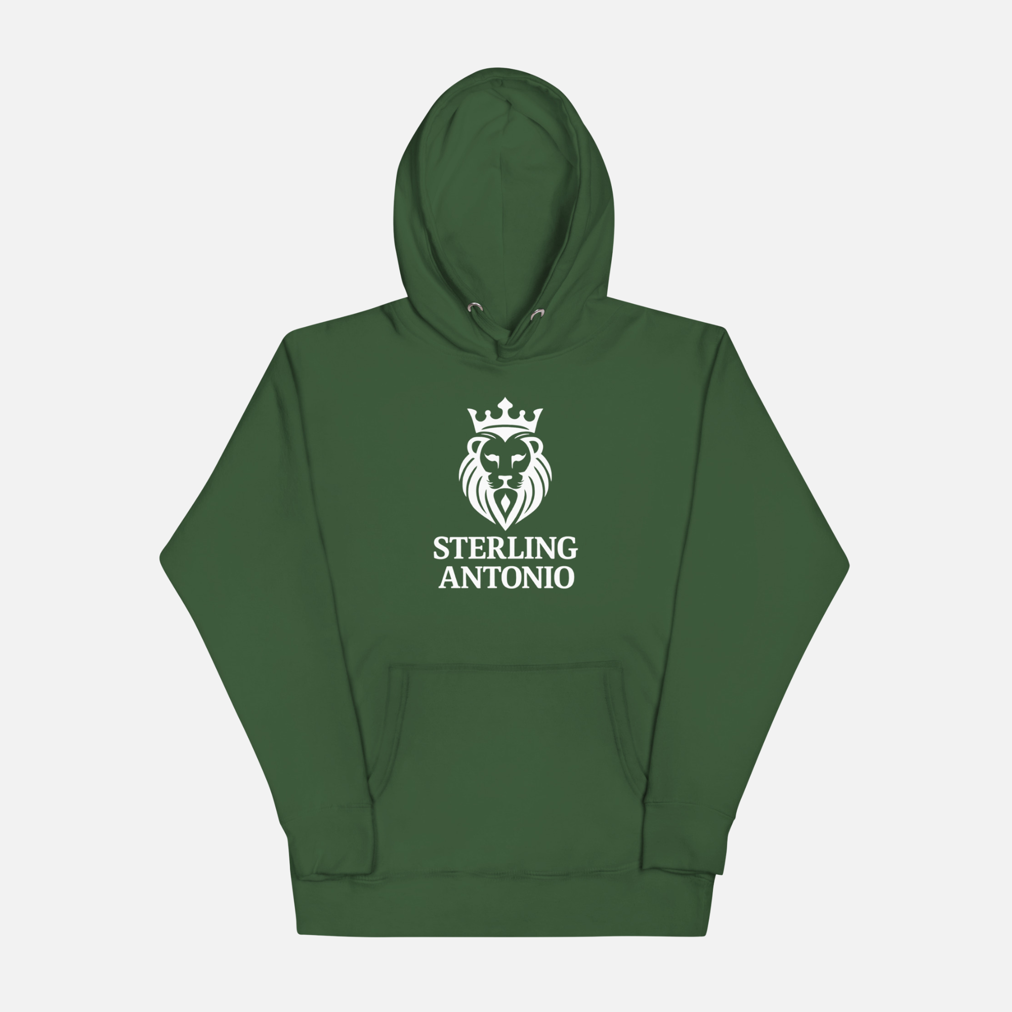 Green hoodie with a logo and text on a white background