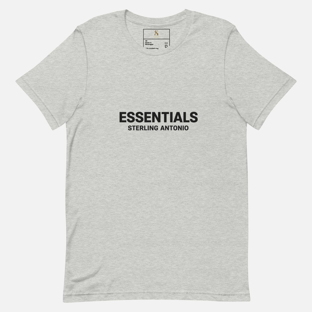 Grey Sterling Antonio essentials cotton t-shirt featuring bold black front logo print and minimalist streetwear design