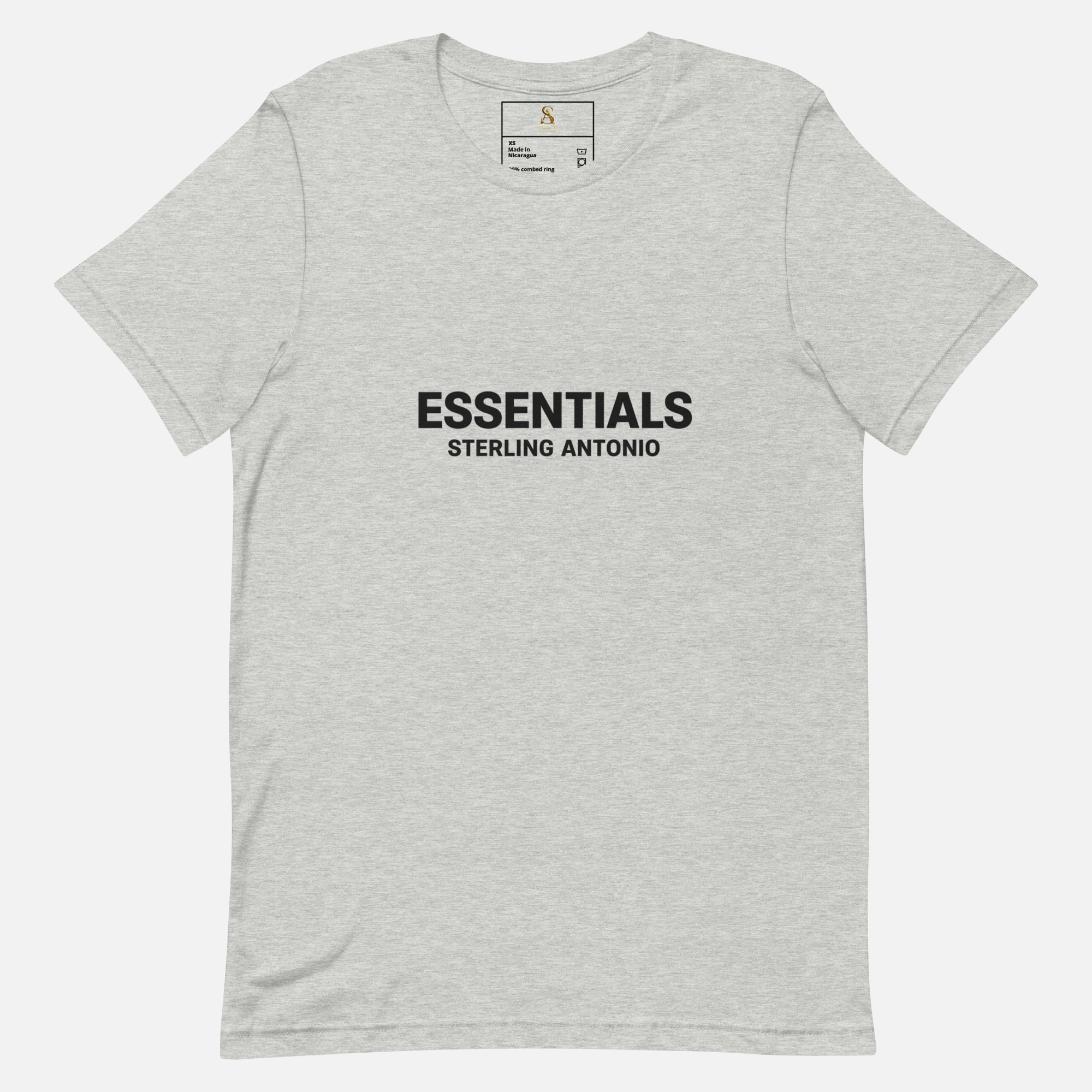 Grey Sterling Antonio essentials cotton t-shirt featuring bold black front logo print and minimalist streetwear design