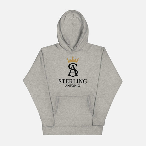 Gray hoodie with 'Sterling Antonio' logo on a white background