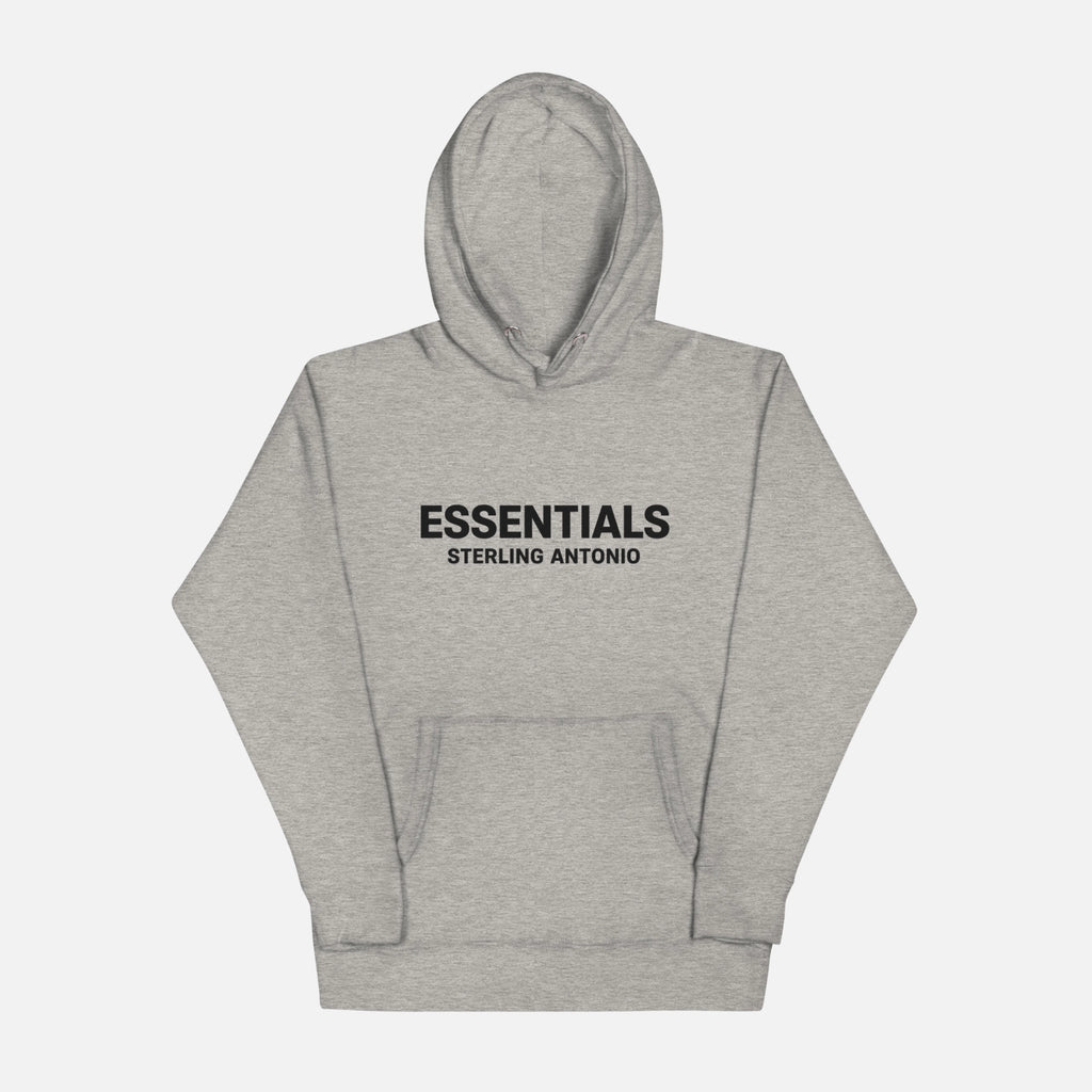 Gray hoodie with 'ESSENTIALS Sterling Antonio' text on a white background