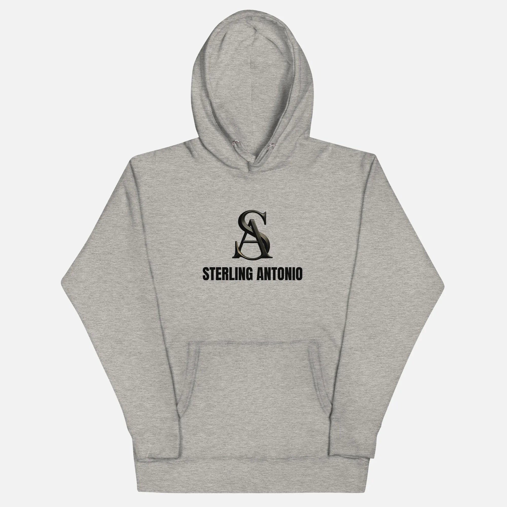 Gray hoodie with a black logo and text on a white background