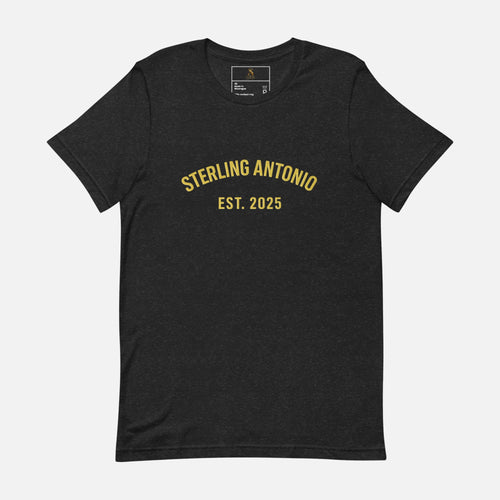 Black t-shirt with yellow text 'STERLING ANTONIO EST. 2025' on a white background