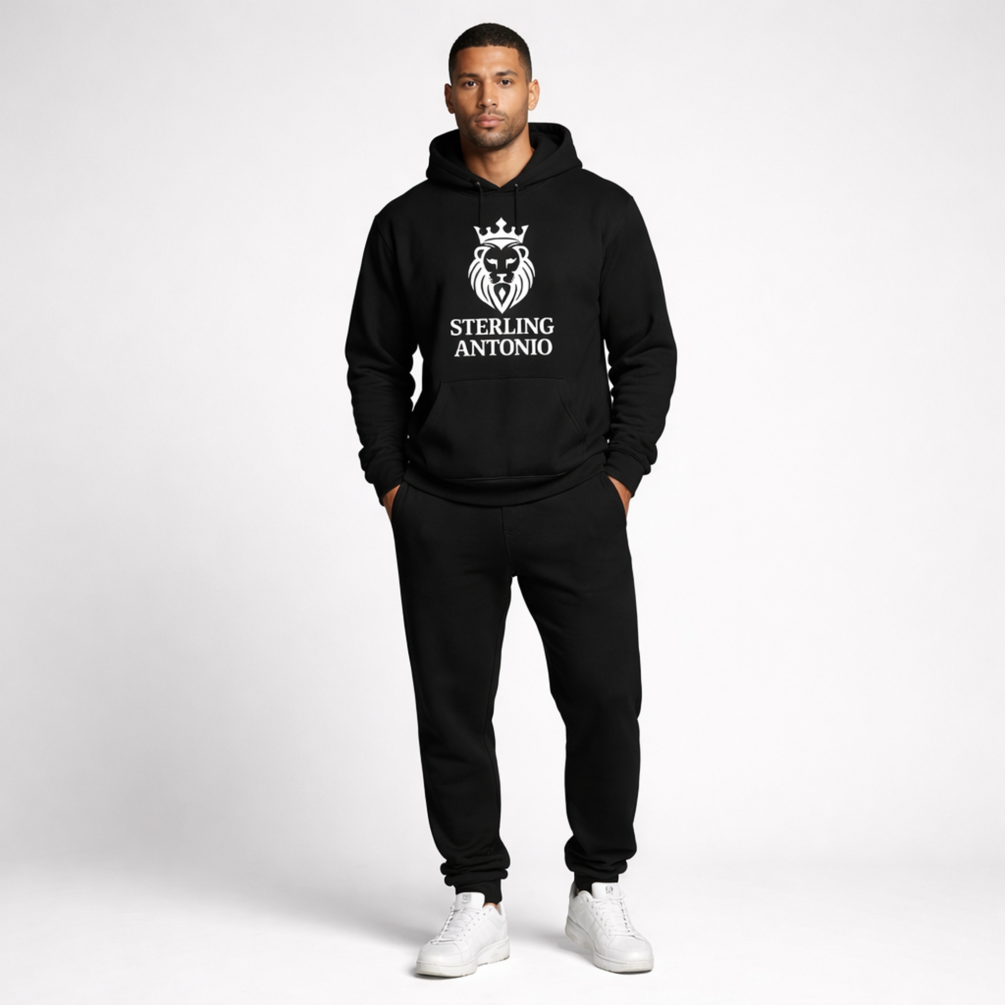 Man wearing a black hoodie and pants with 'Sterling Antonio' logo on a white background