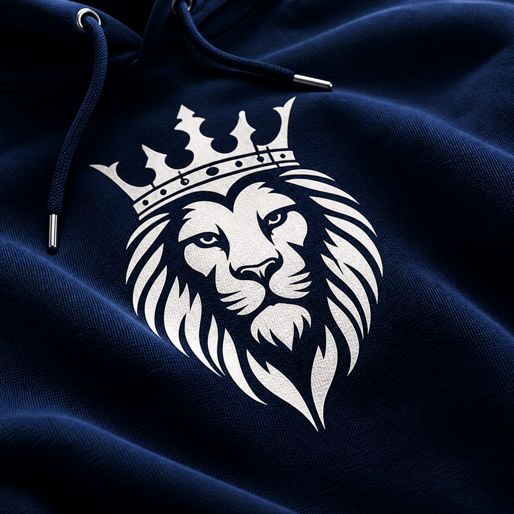 Navy blue hoodie with a white lion emblem wearing a crown on a dark background