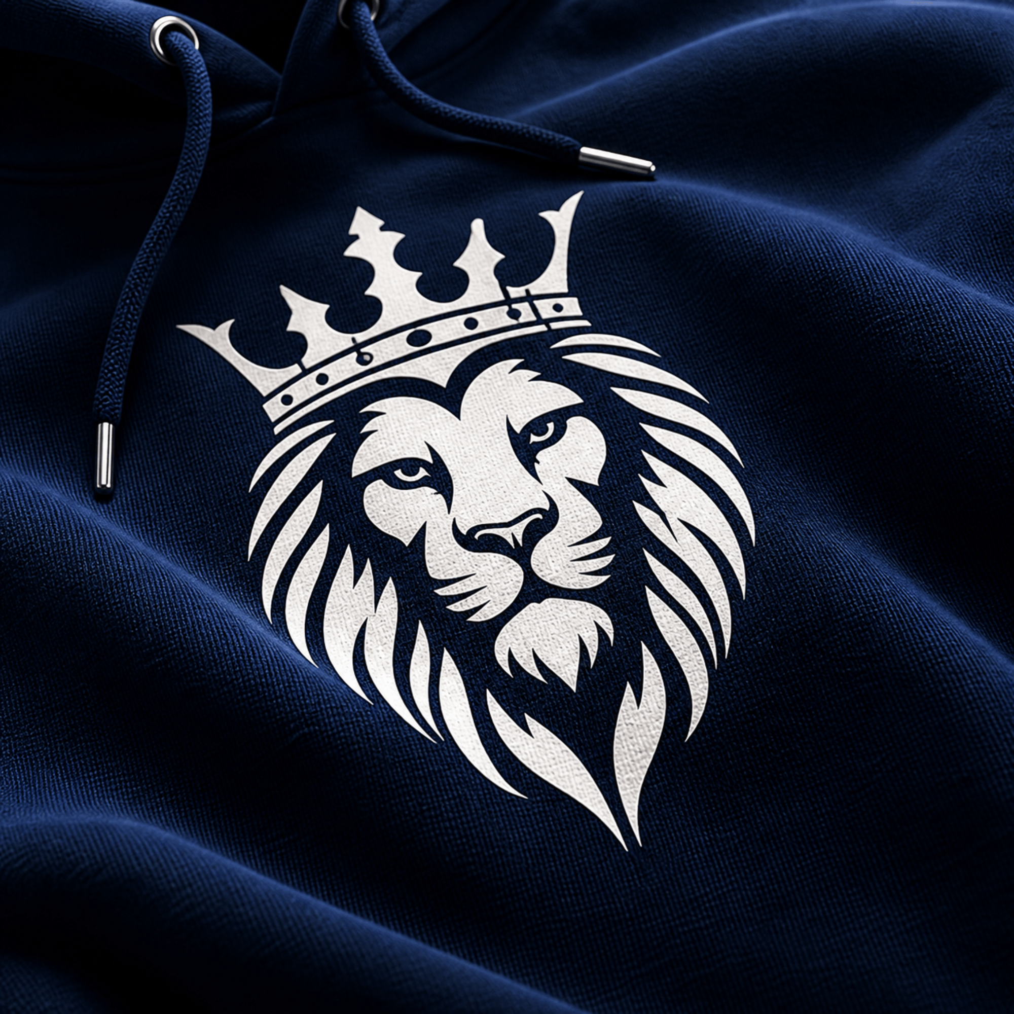Navy blue hoodie with a white lion emblem wearing a crown on a dark background