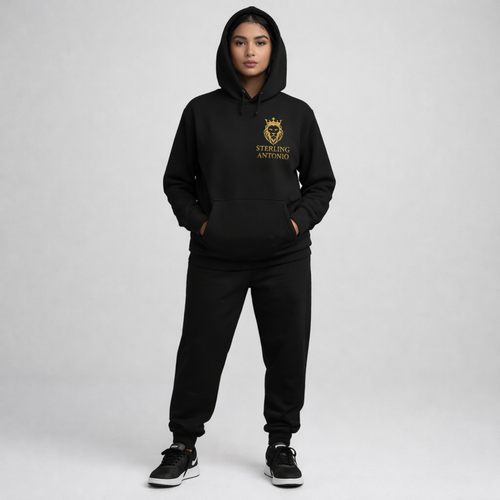 Person wearing a black hoodie and pants with 'Sterling Antonio' logo on a gray background