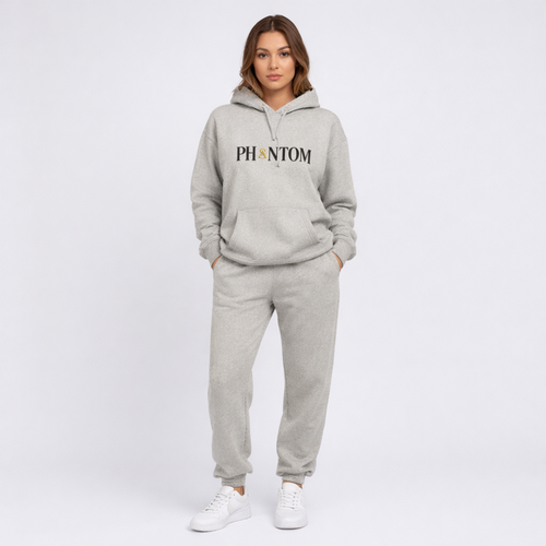 Person wearing a gray hoodie and pants with 'PHANTOM' logo on a white background