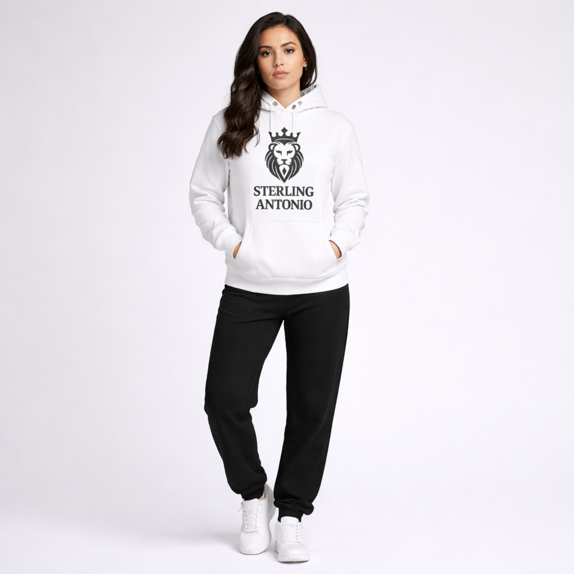 Person wearing a white hoodie with 'Sterling Antonio' logo on a white background