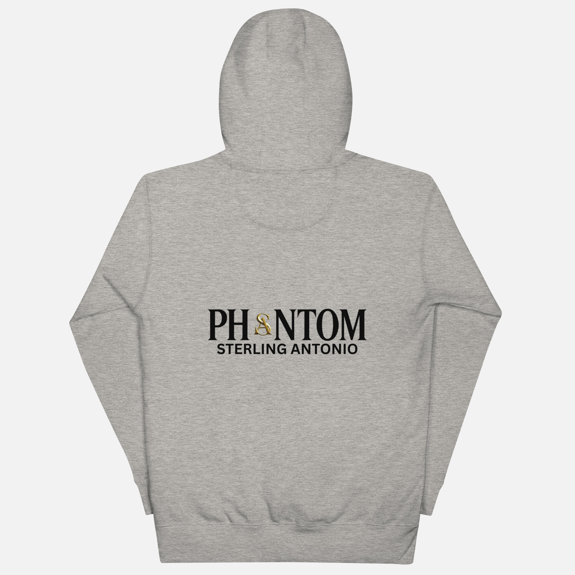 Rear view of heather grey Phantom hoodie by Sterling Antonio featuring oversized black and gold Phantom logo print.