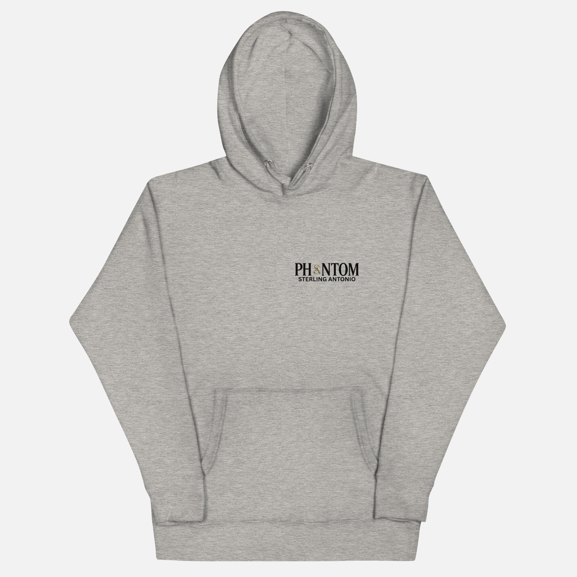Heather grey Phantom hoodie by Sterling Antonio featuring minimalist black and gold chest logo.