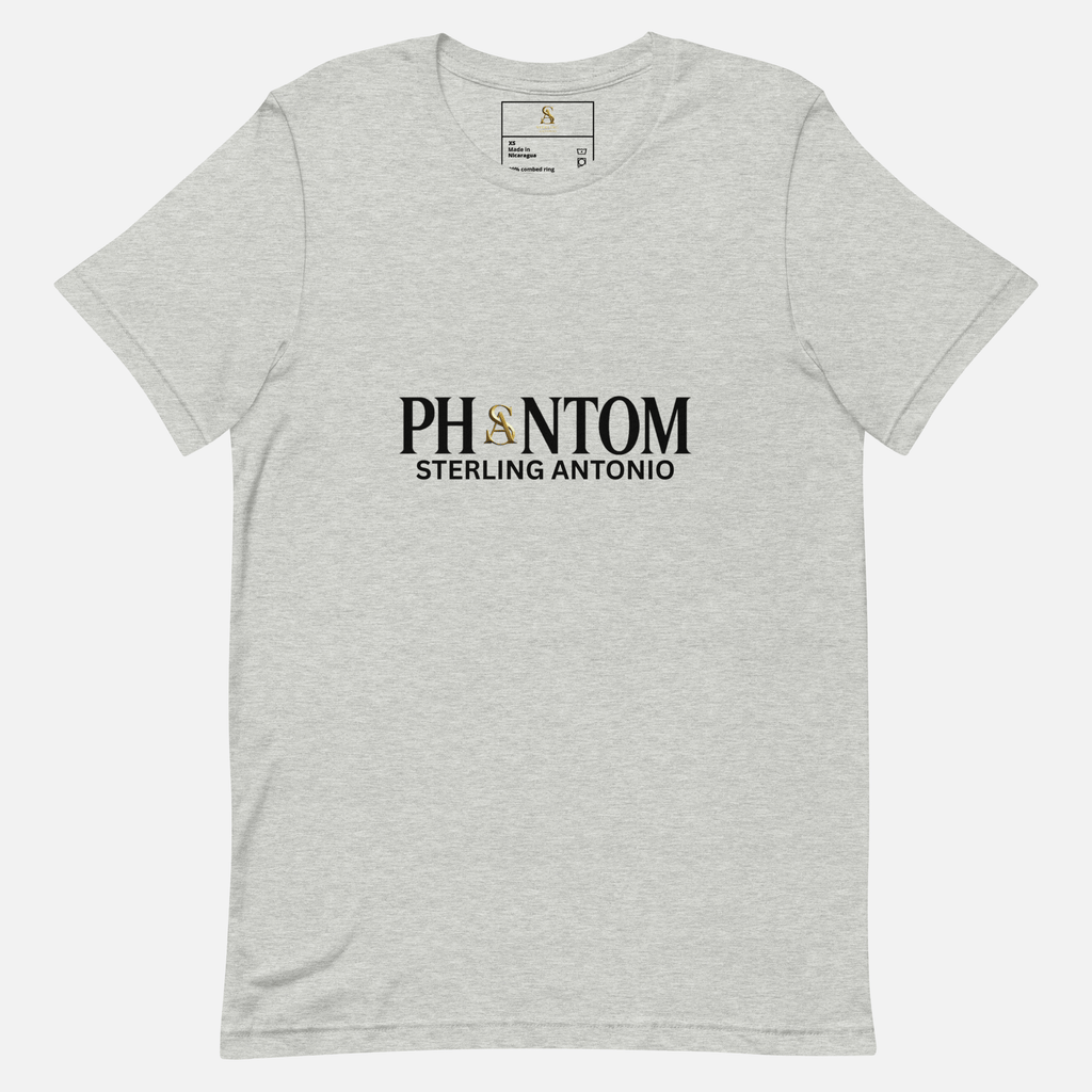 Athletic heather cotton jersey t-shirt featuring black Phantom Sterling Antonio logo print with gold SA detail on front chest.