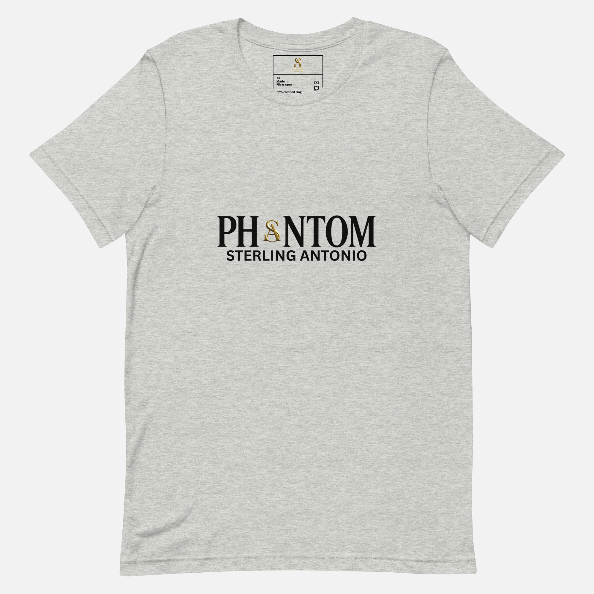 Athletic heather cotton jersey t-shirt featuring black Phantom Sterling Antonio logo print with gold SA detail on front chest.