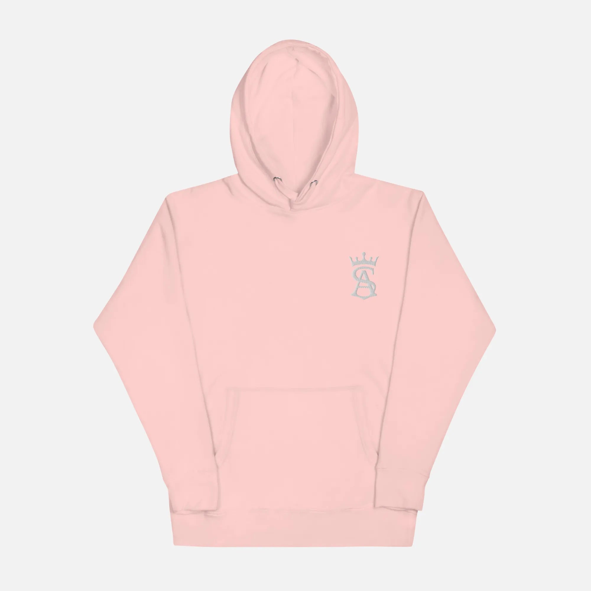 Pink hoodie with a small logo on a light gray background