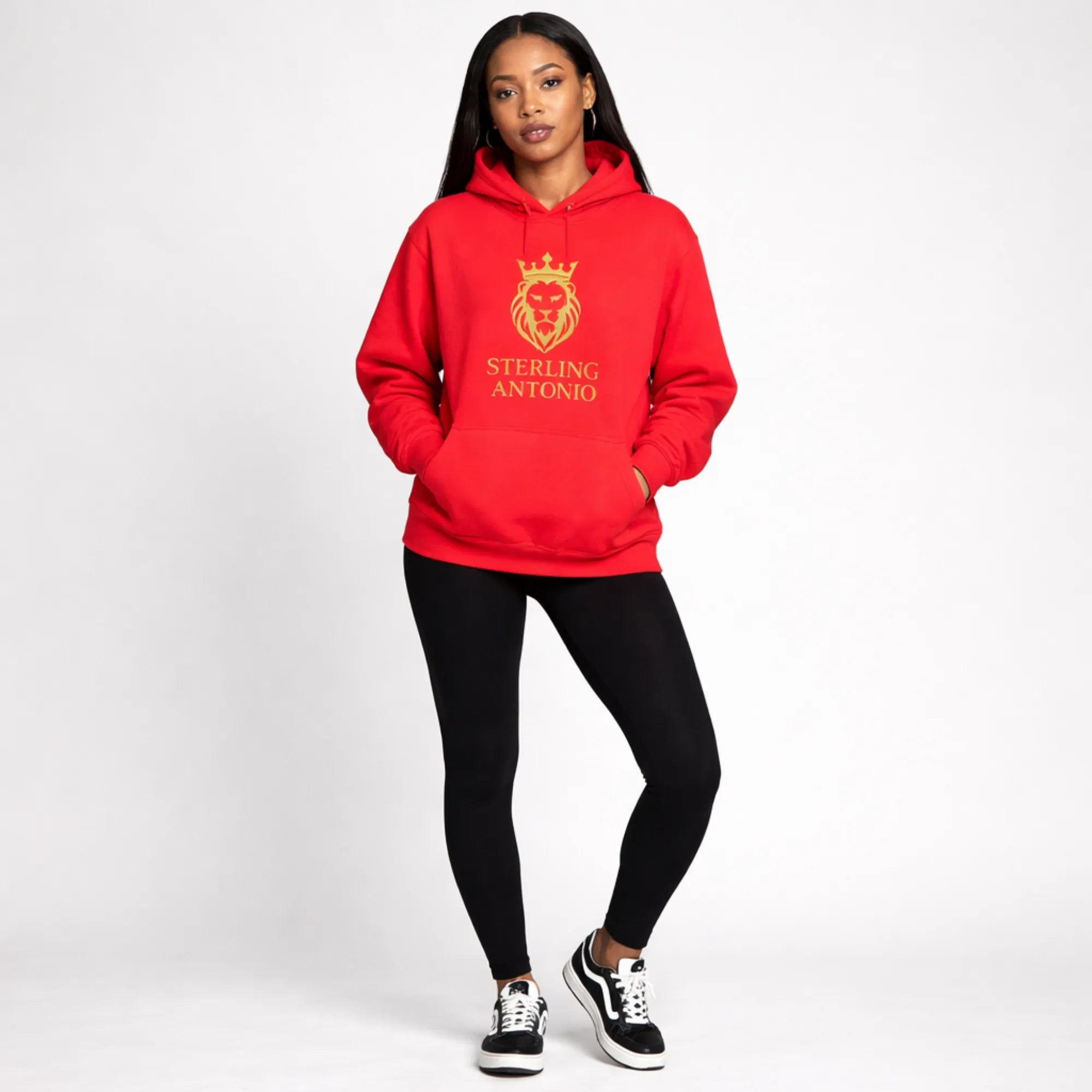 Person wearing a red hoodie with a logo and text on a white background