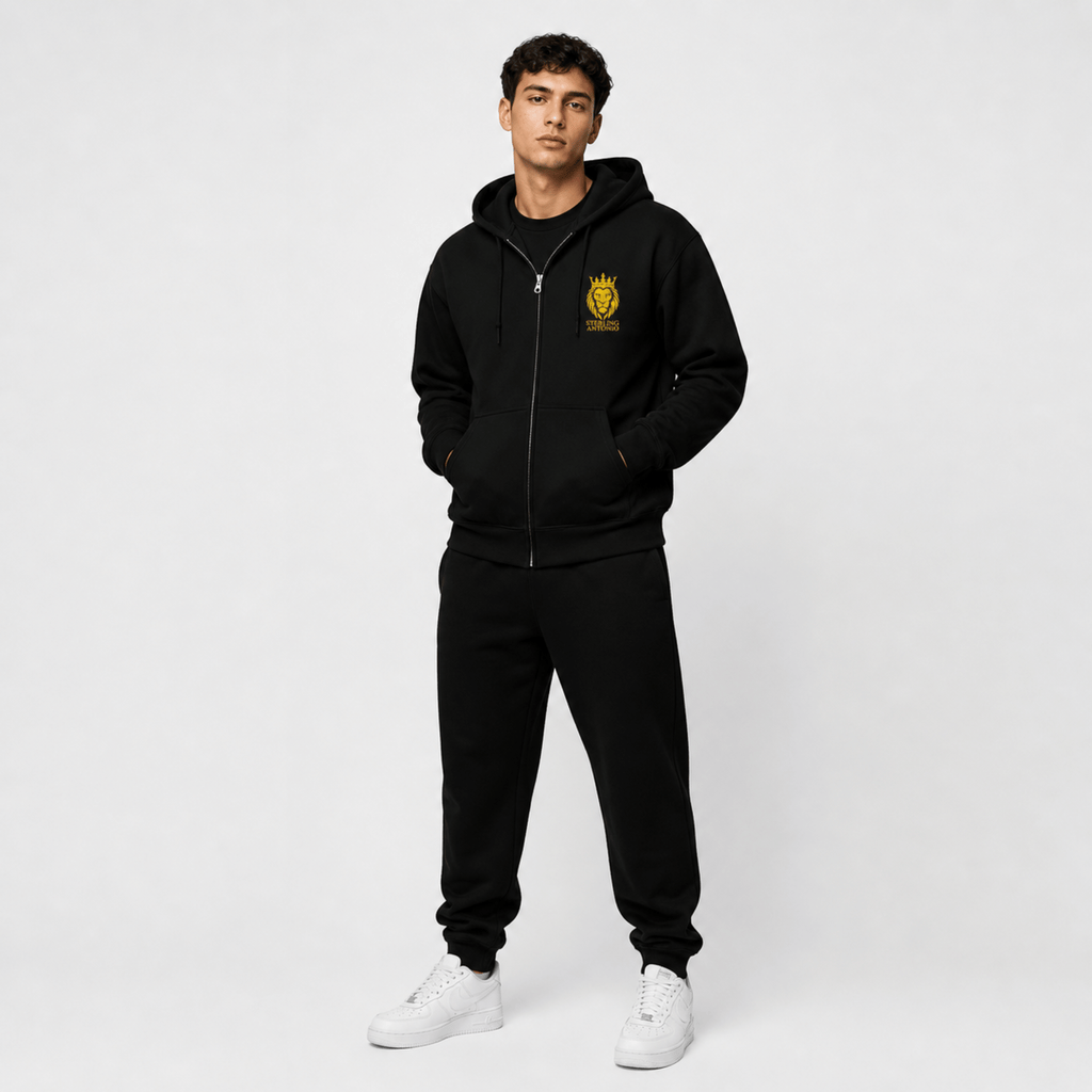 Sterling Antonio Black Crown Lion Zip Hoodie Set Luxury Streetwear Tracksuit