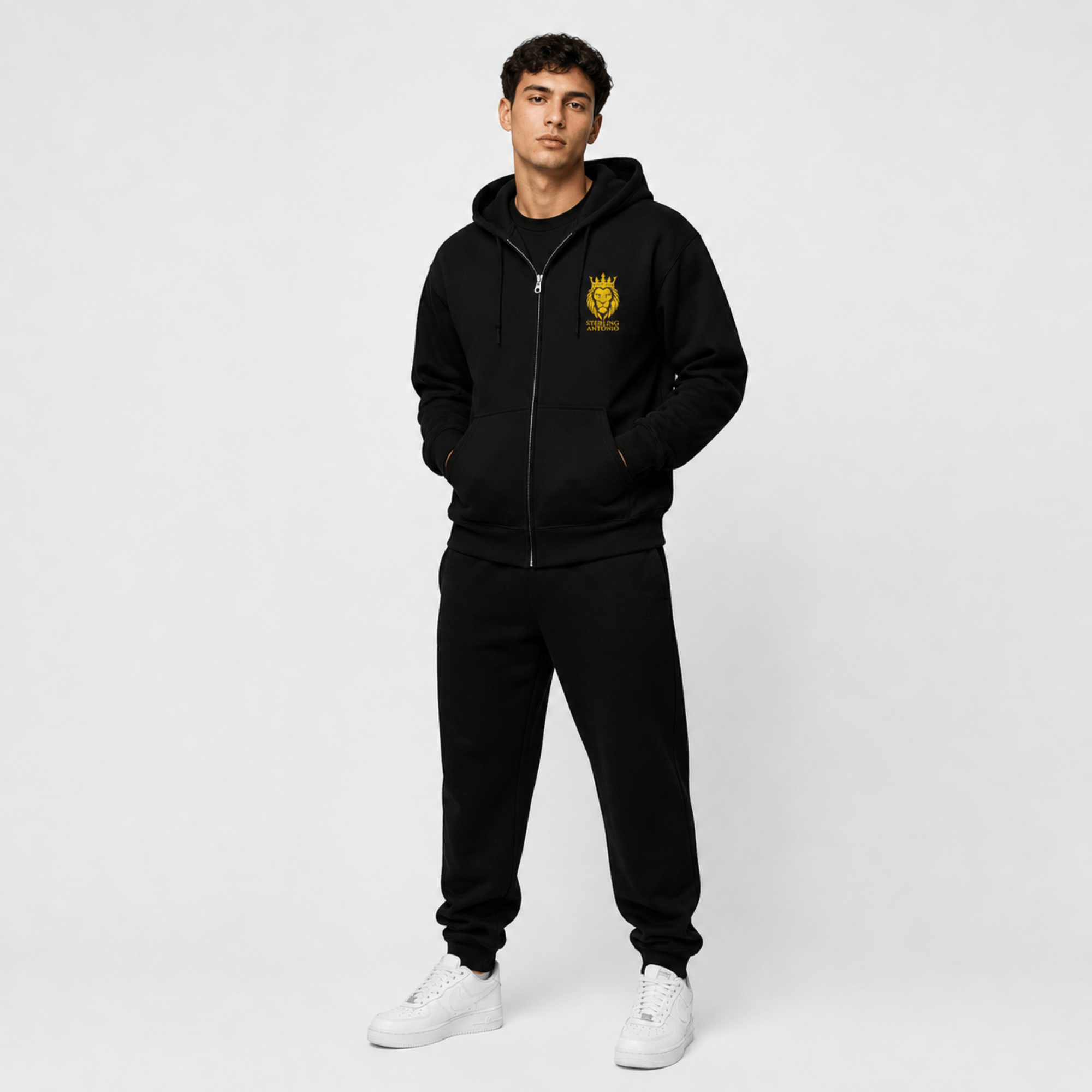 Sterling Antonio Black Crown Lion Zip Hoodie Set Luxury Streetwear Tracksuit