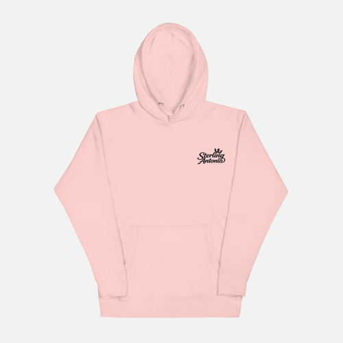 Pink hoodie with a logo on the chest against a light gray background