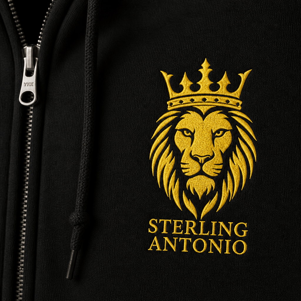 Sterling Antonio Gold Crown Lion Logo Hoodie Premium Black Streetwear Close-Up