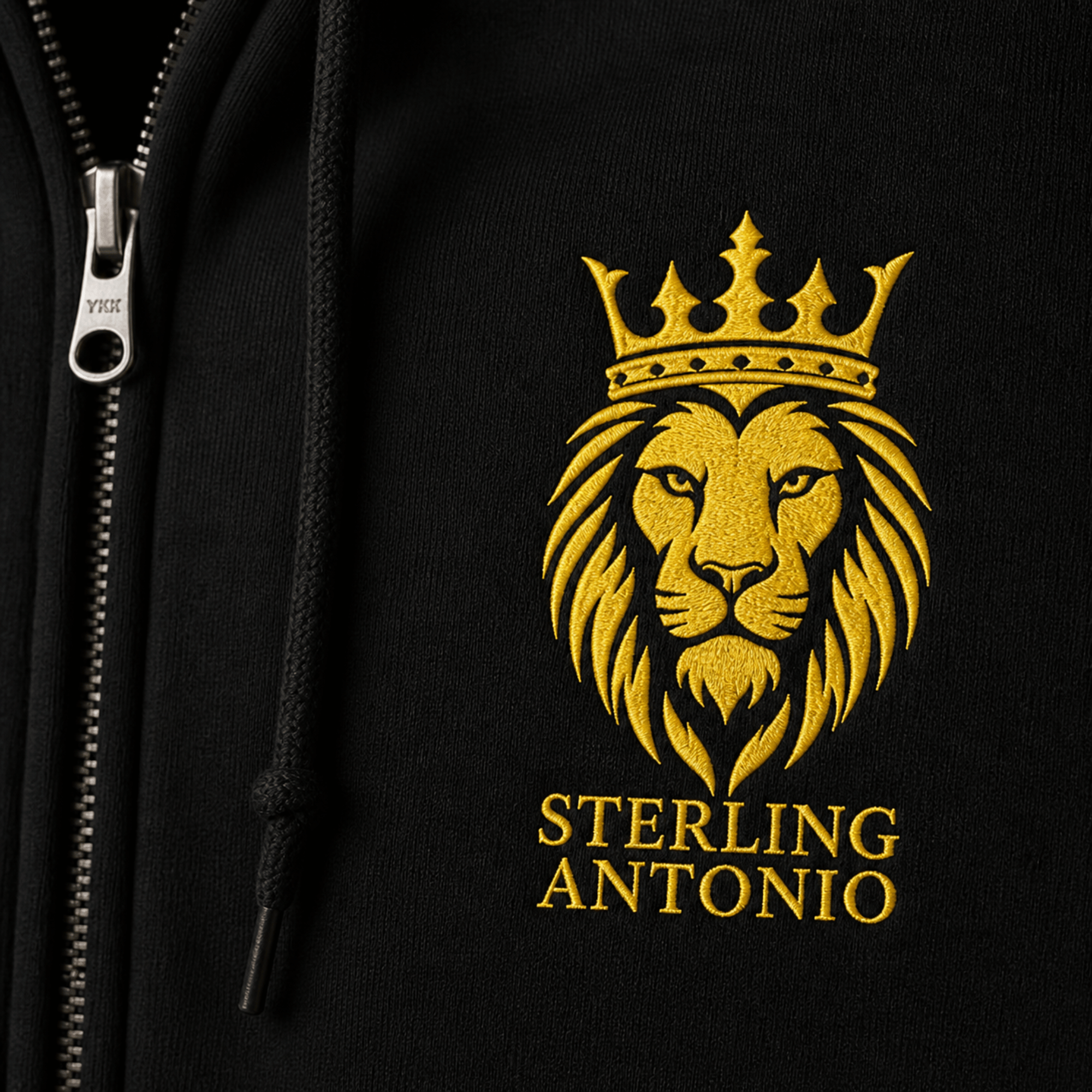 Sterling Antonio Gold Crown Lion Logo Hoodie Premium Black Streetwear Close-Up