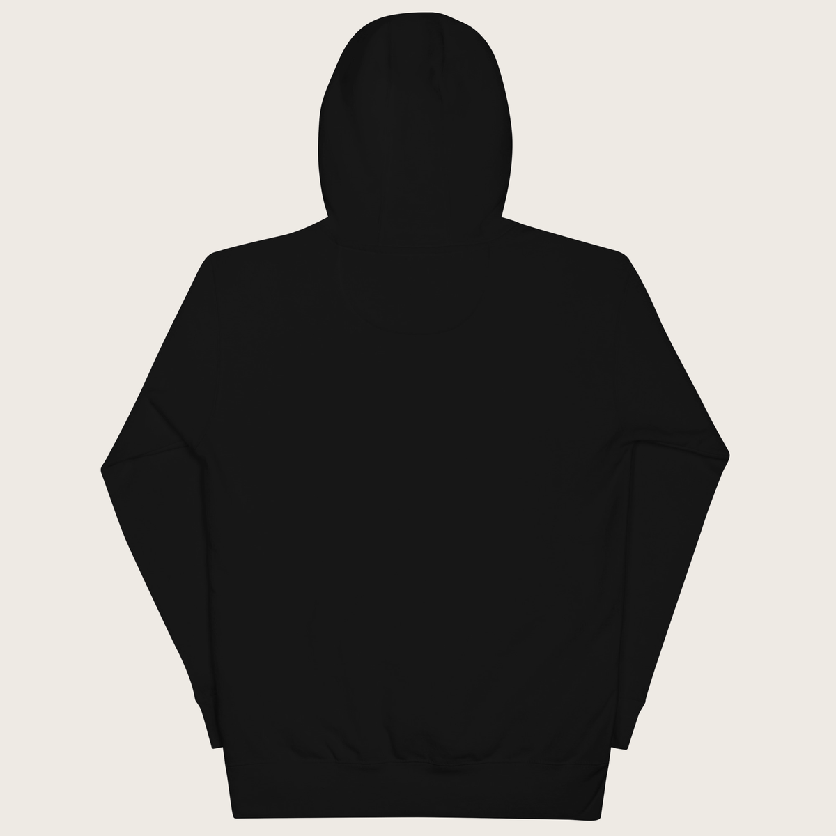 Black hoodie with white text on a white background