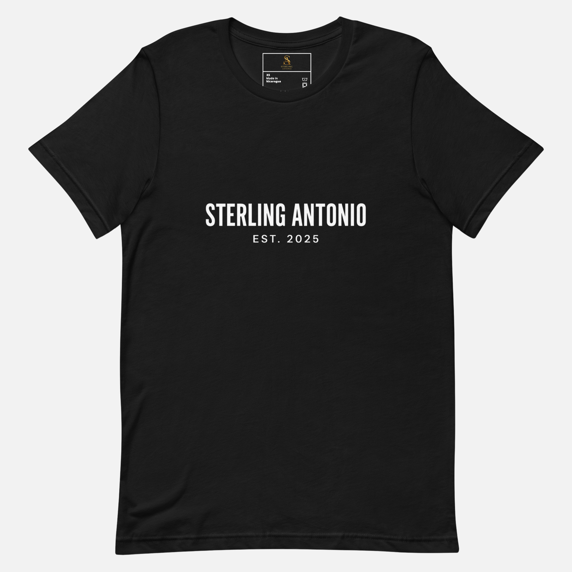 Black Sterling Antonio EST. 2025 cotton jersey t-shirt with minimalist white front logo design on light grey background.