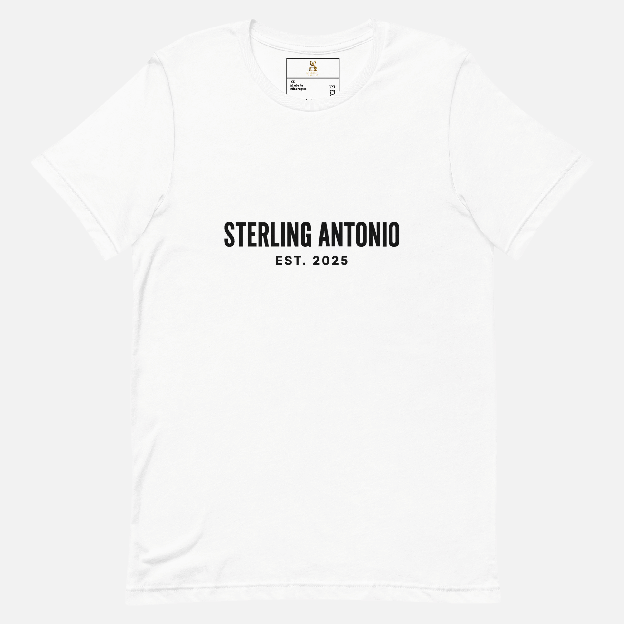 White Sterling Antonio EST. 2025 cotton jersey t-shirt with minimalist black front logo design on light grey background.