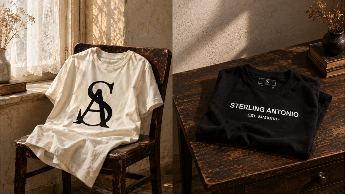 Two Sterling Antonio graphic t-shirts shown in a styled interior setting: a cream/off-white shirt draped over a rustic wooden chair with a large black monogram, and a black folded shirt on a dark wood table with white text reading 'STERLING ANTONIO - EST. AMARAVI'.