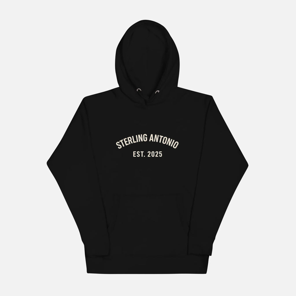 Black hoodie with 'STERLING ANTONIO EST. 2025' text on a white background