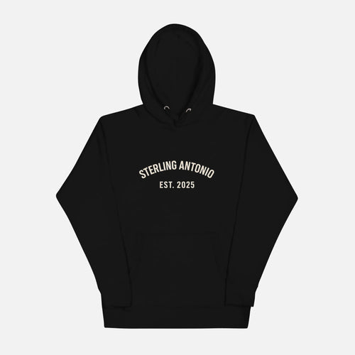 Black hoodie with 'STERLING ANTONIO EST. 2025' text on a white background