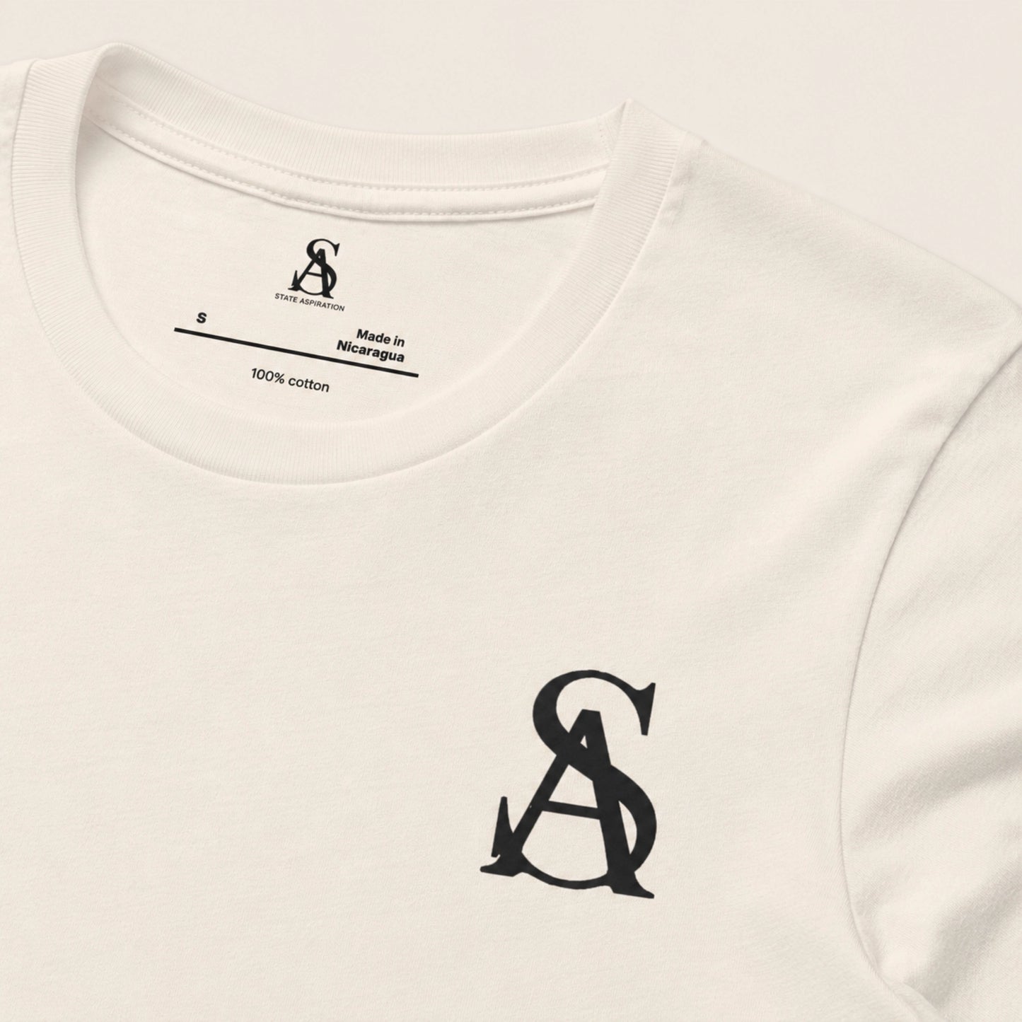 White t-shirt with black logo and text on a white background