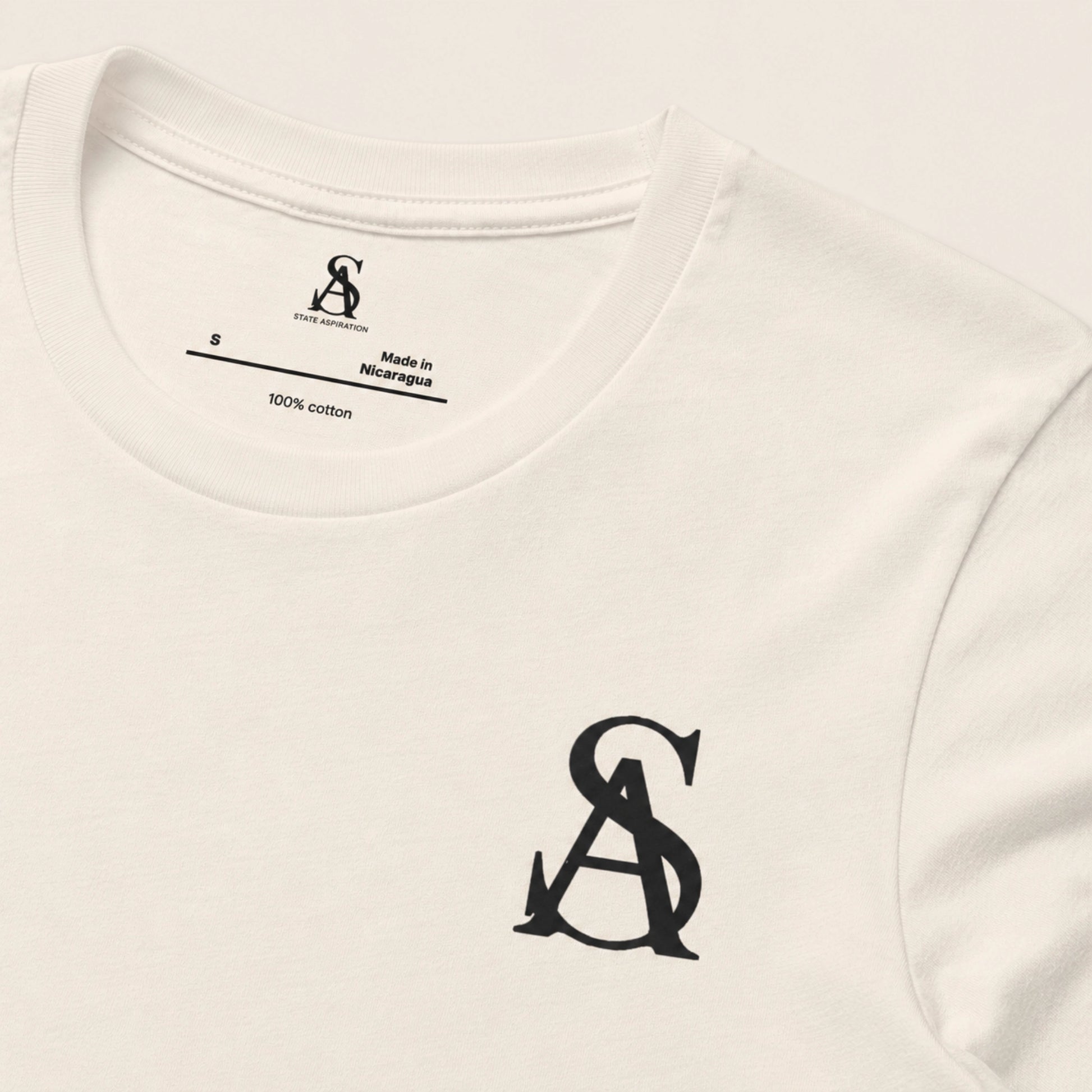 White t-shirt with black logo and text on a white background