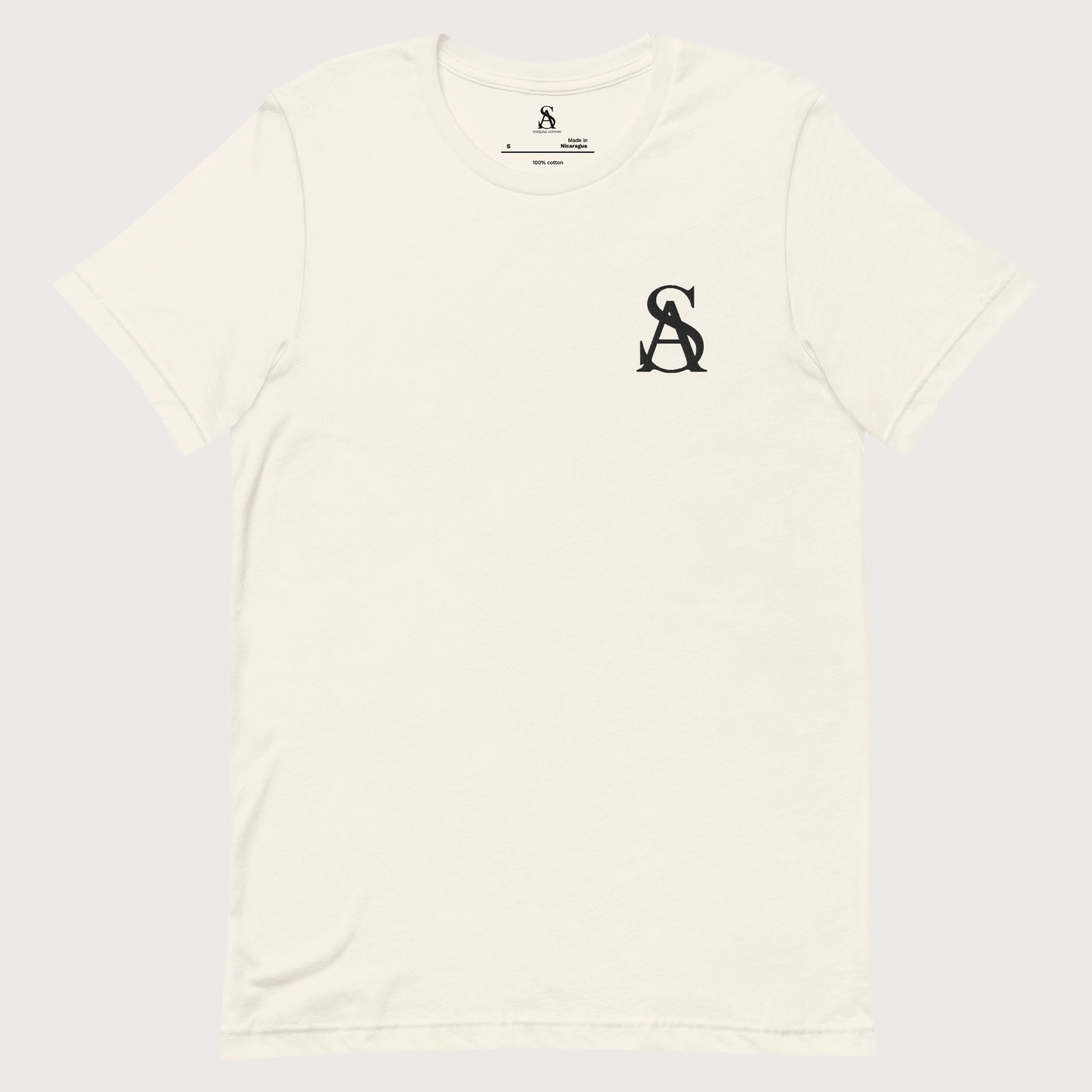 White t-shirt with a black logo on a white background