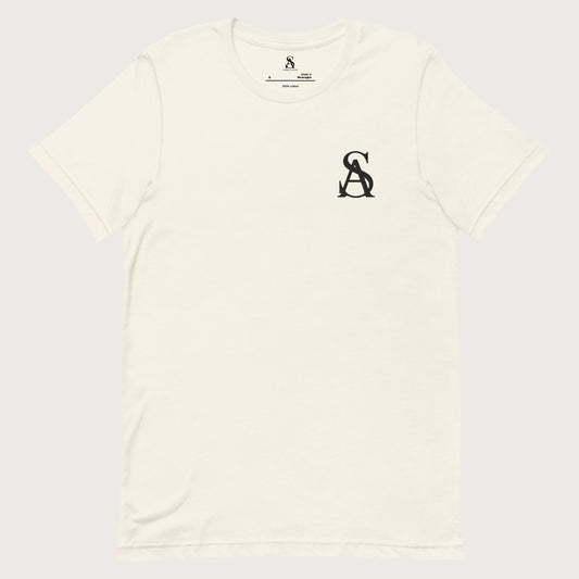 White t-shirt with a black logo on a white background