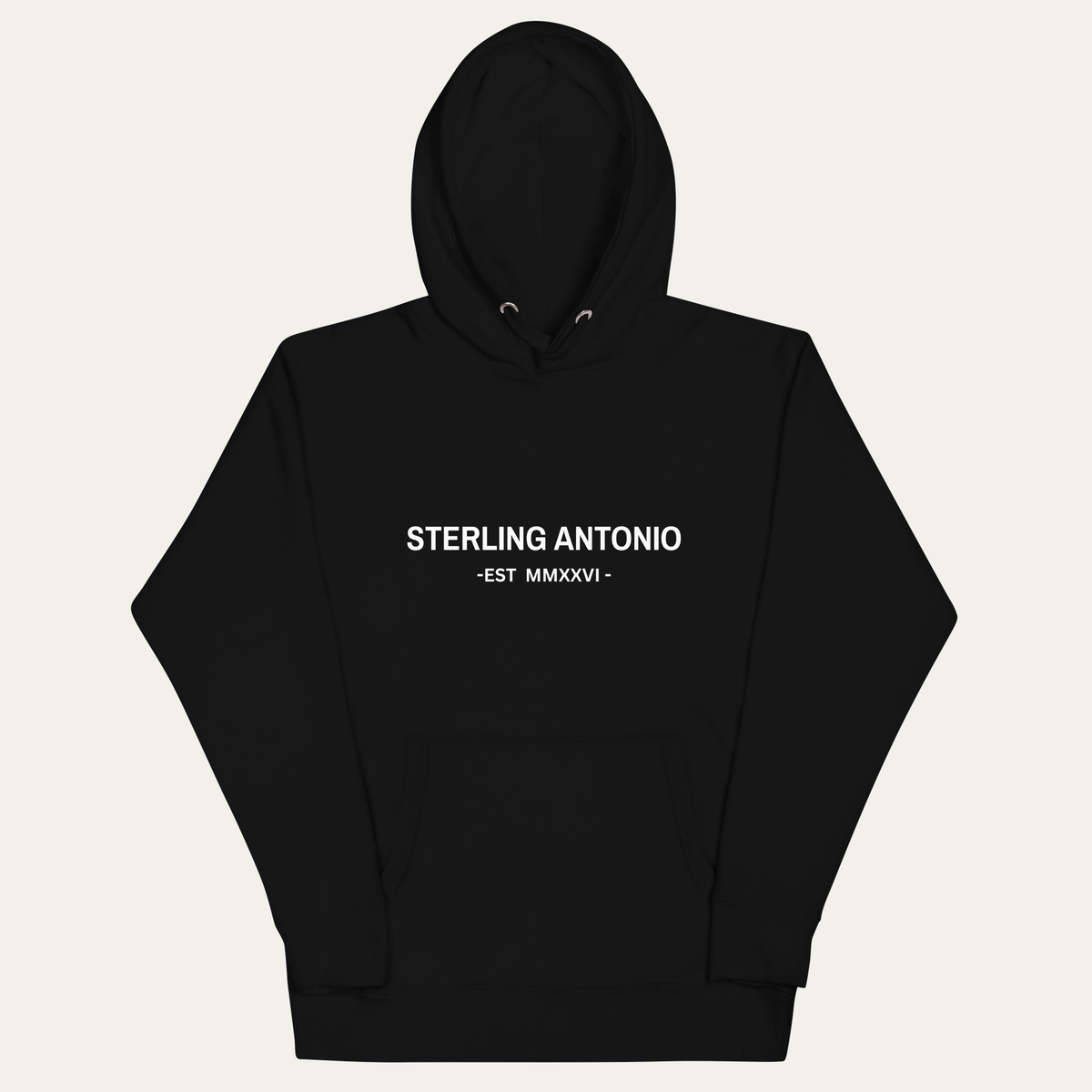 Black hoodie with 'STERLING ANTONIO EST  logo on a white background