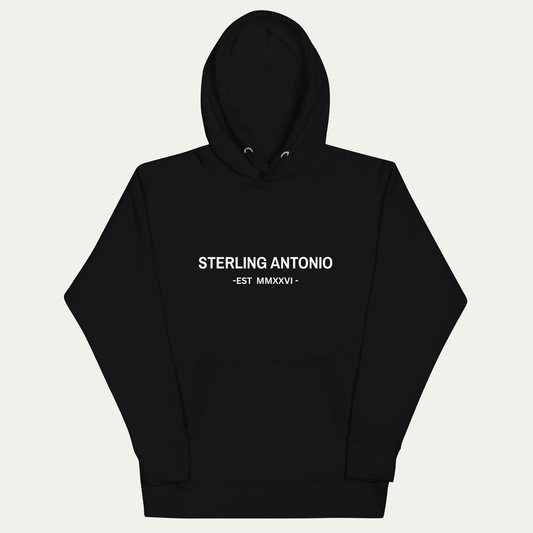 Black hoodie with 'STERLING ANTONIO EST  logo on a white background