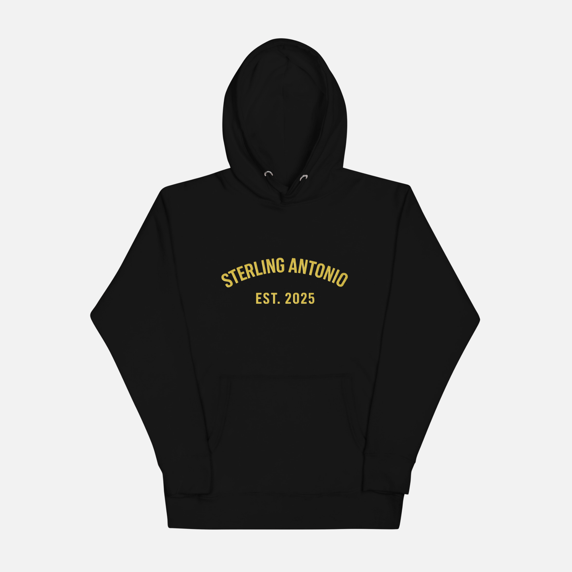 Black hoodie with yellow text 'STERLING ANTONIO EST. 2025' on a white background