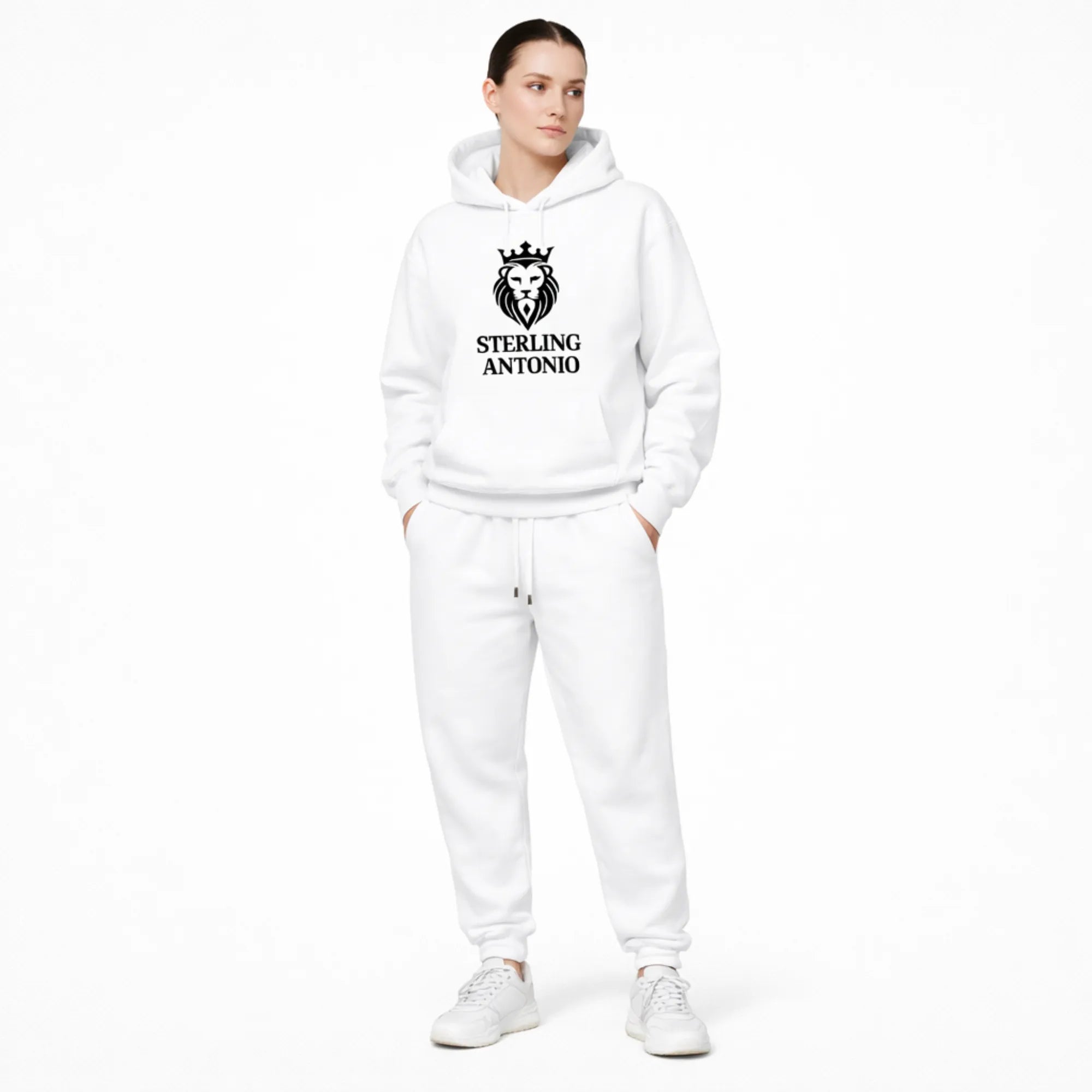 Person wearing a white hoodie and pants with 'Sterling Antonio' logo on a white background