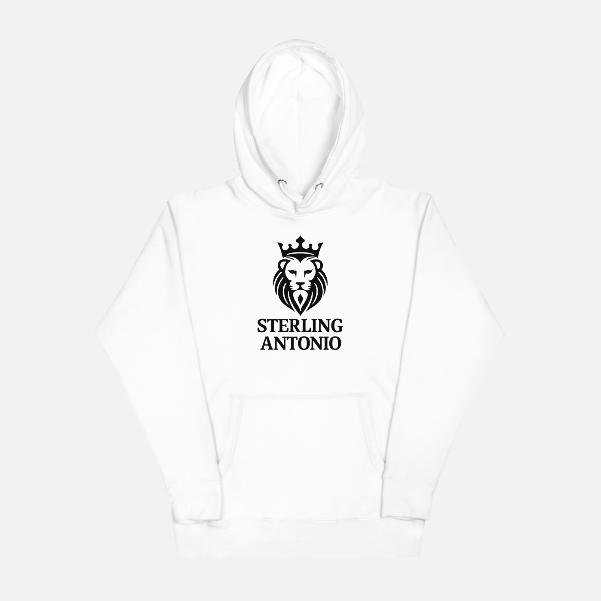 White hoodie with a black logo and text on a white background