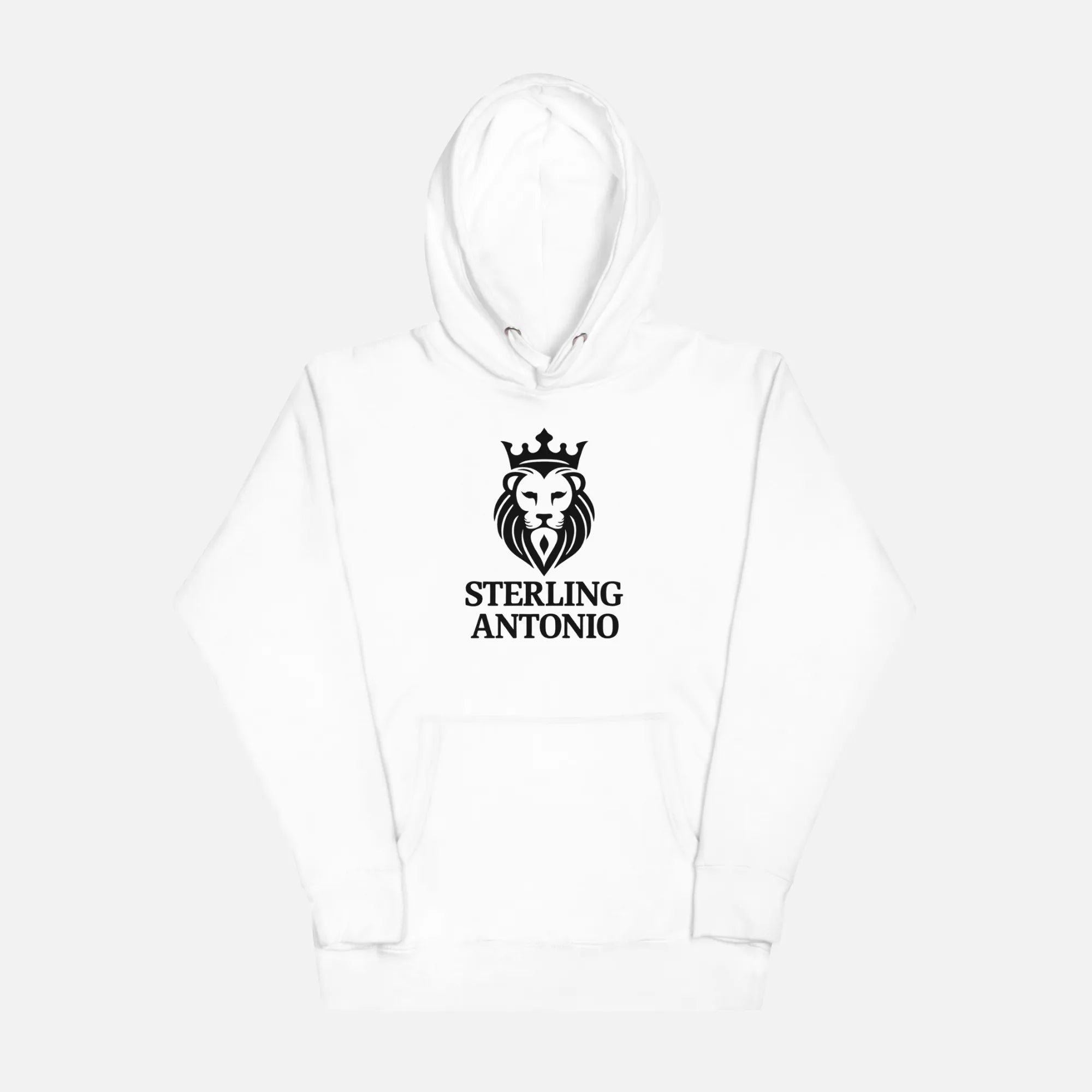 White hoodie with 'Sterling Antonio' logo on a white background