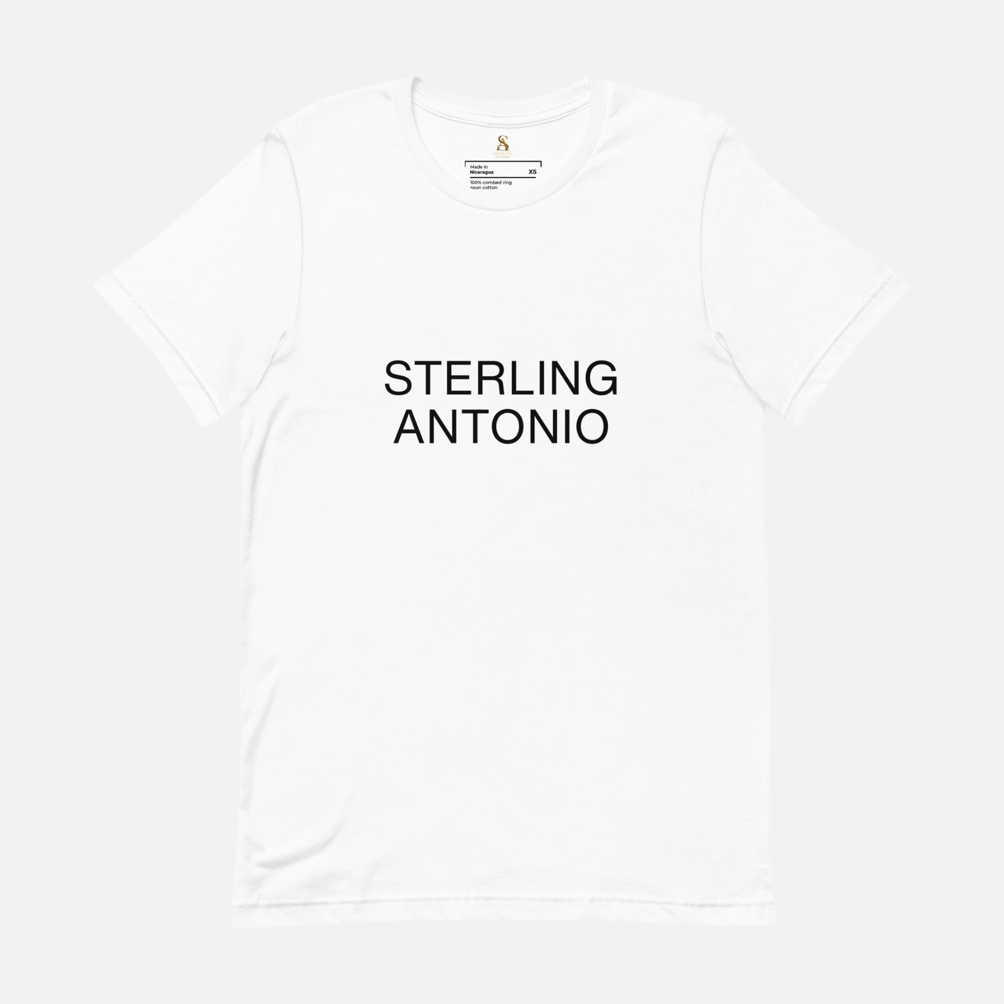 White tank top with 'STERLING ANTONIO' printed on a white background