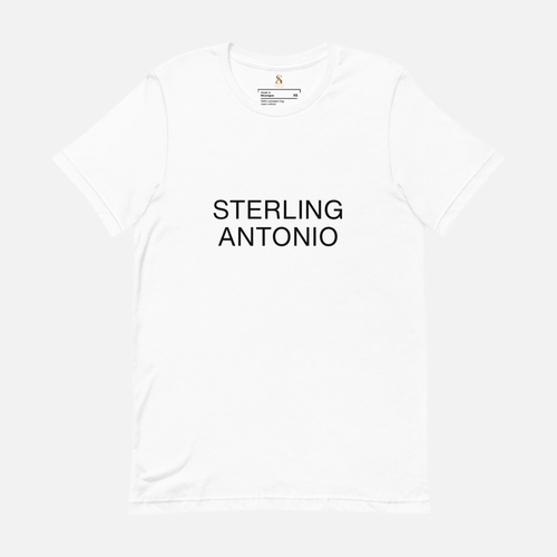 White tank top with 'STERLING ANTONIO' printed on a white background