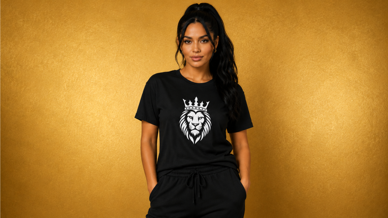 Woman wearing a black t-shirt with a lion graphic on a gold background
