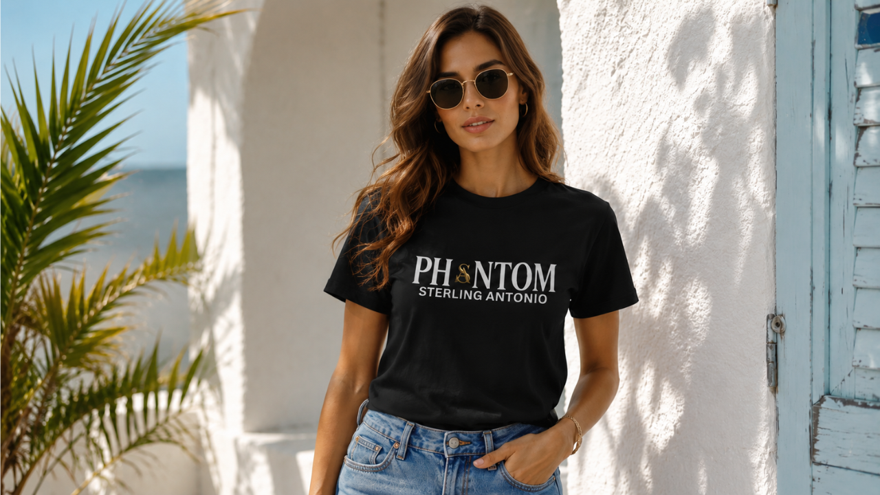 Woman wearing a black t-shirt with 'PHANTOM' branding outdoors.