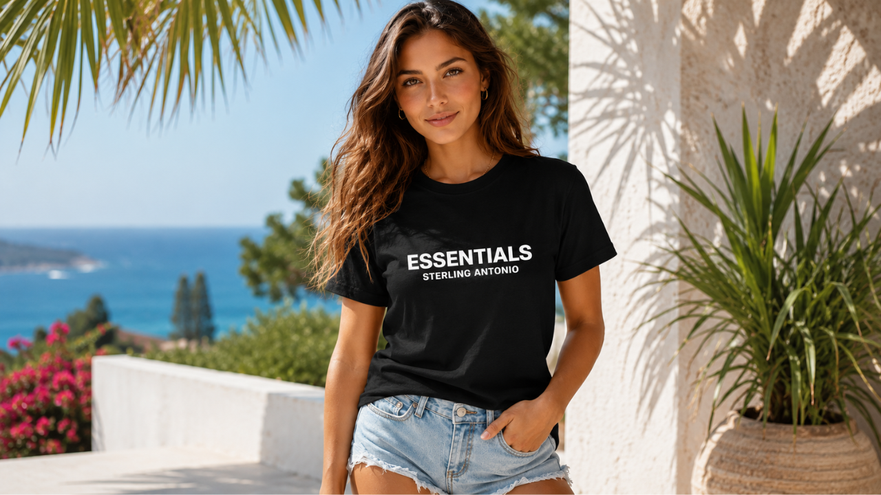 Woman wearing a black t-shirt with 'ESSENTIALS' text, standing outdoors with ocean view.