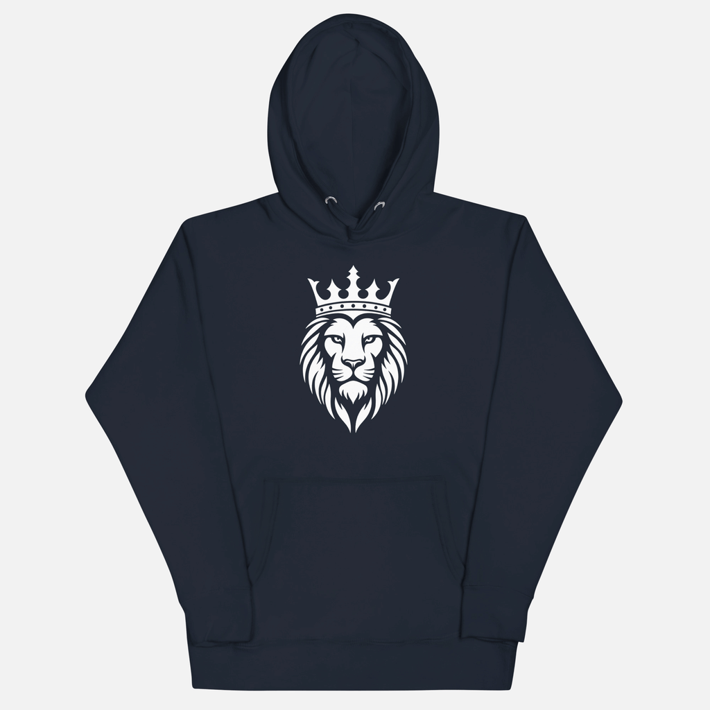 Navy blue hoodie with car design and text on a white background