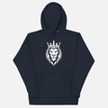 Navy blue hoodie with car design and text on a white background