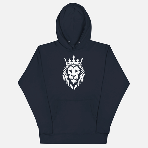 Navy blue hoodie with car design and text on a white background